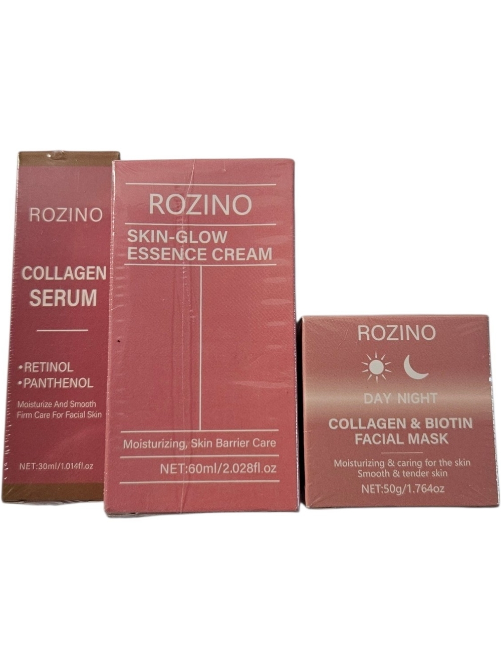 ROZINO 3‑Piece Collagen Glow Set Serum + Essence Cream + Biotin Mask